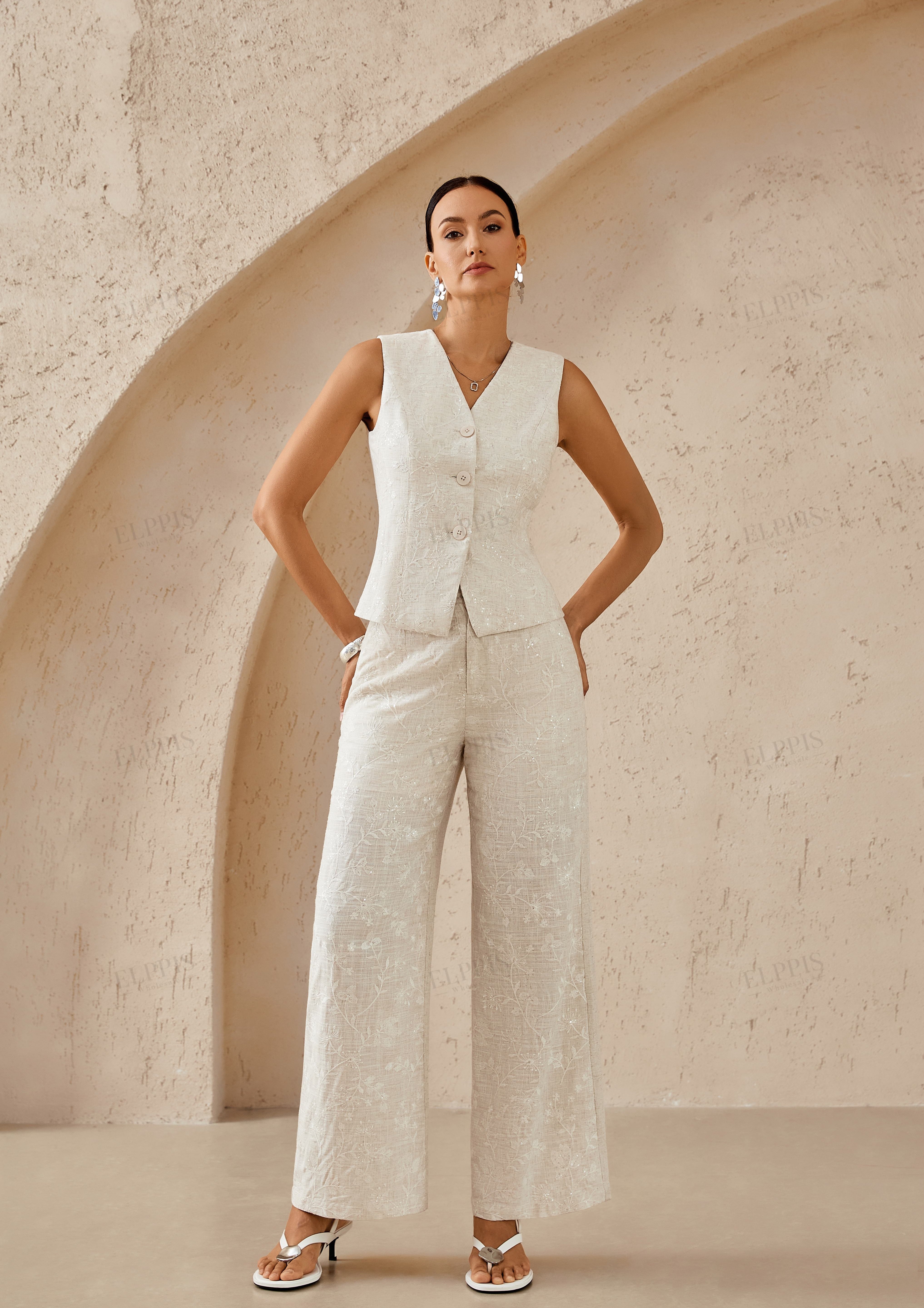 Beige Textured Linen-Blend Floral Embroidered Wide-Leg Pants