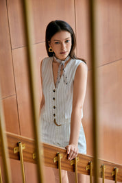 Beige Fine-Striped Linen-Blend Sleeveless Vest