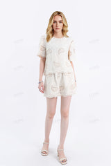 Beige Linen-Blend Shorts with Paisley Lace Cutouts