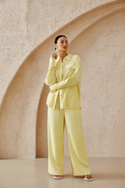 Pale Yellow Linen-Blend Wide-Leg Cropped Pants