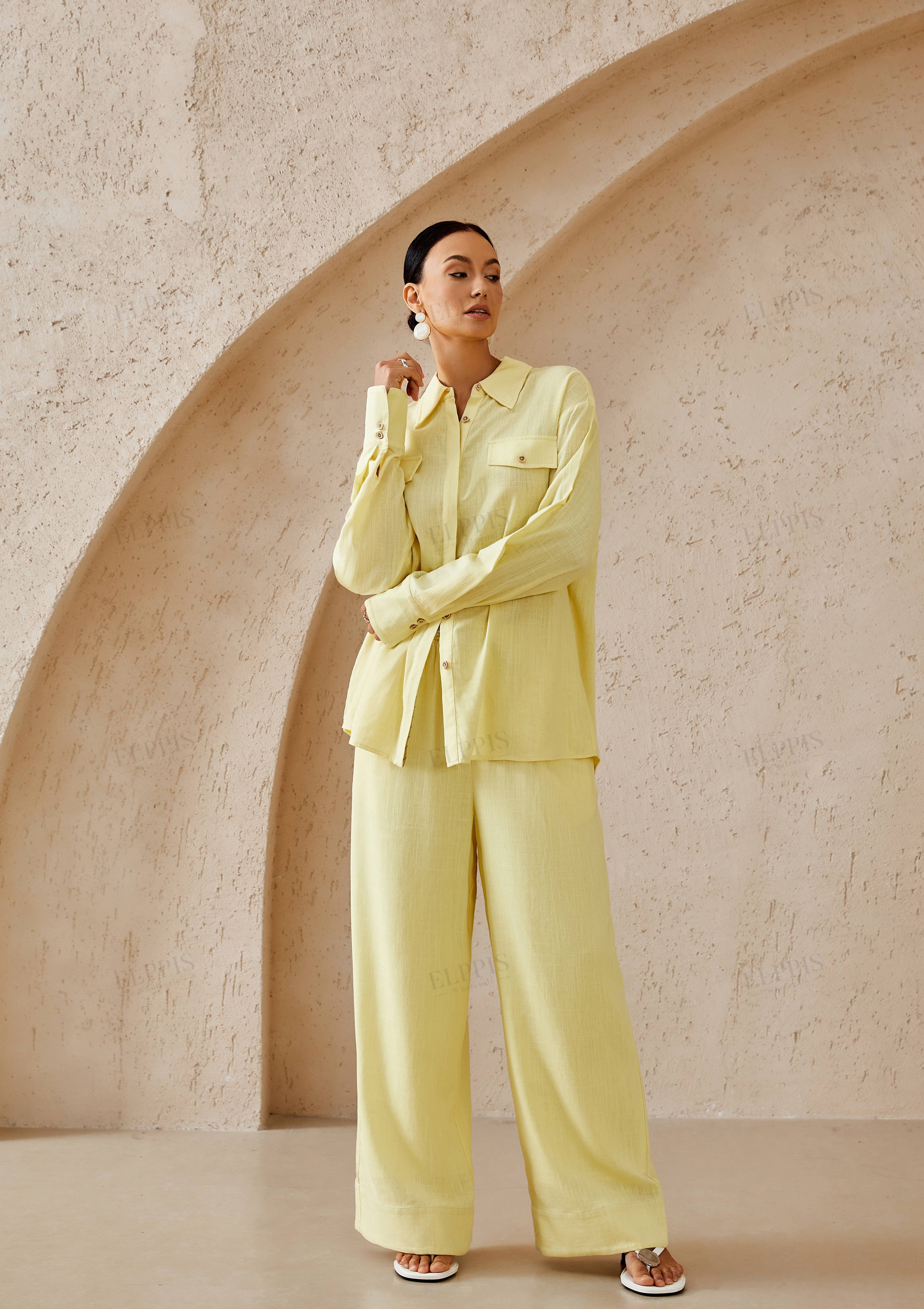 Pale Yellow Linen-Blend Wide-Leg Cropped Pants