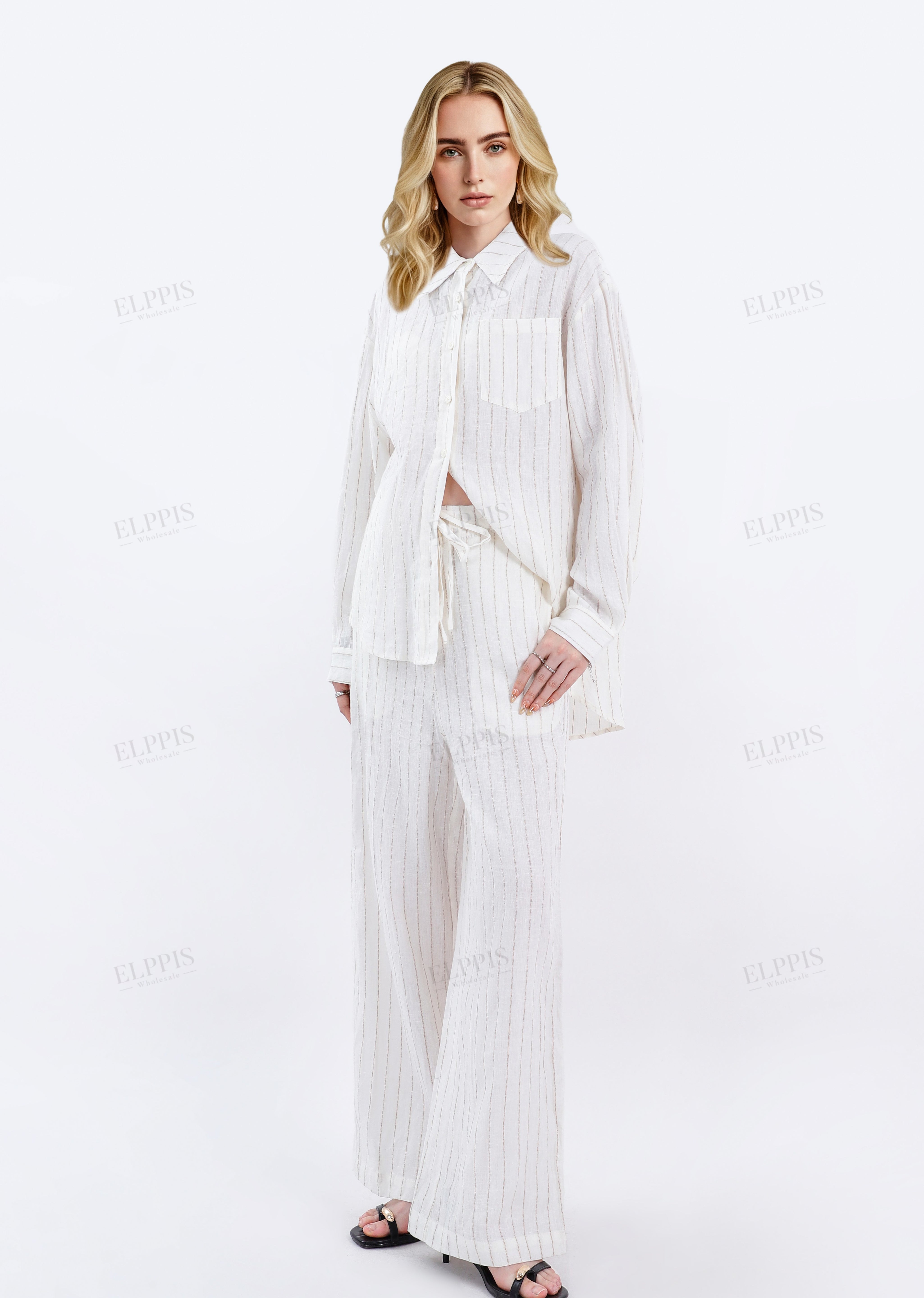 Cream Yarn-Dyed Striped Linen Oversized Long-Sleeve Shirt