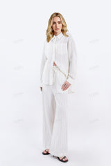 Cream Yarn-Dyed Striped Linen Oversized Long-Sleeve Shirt