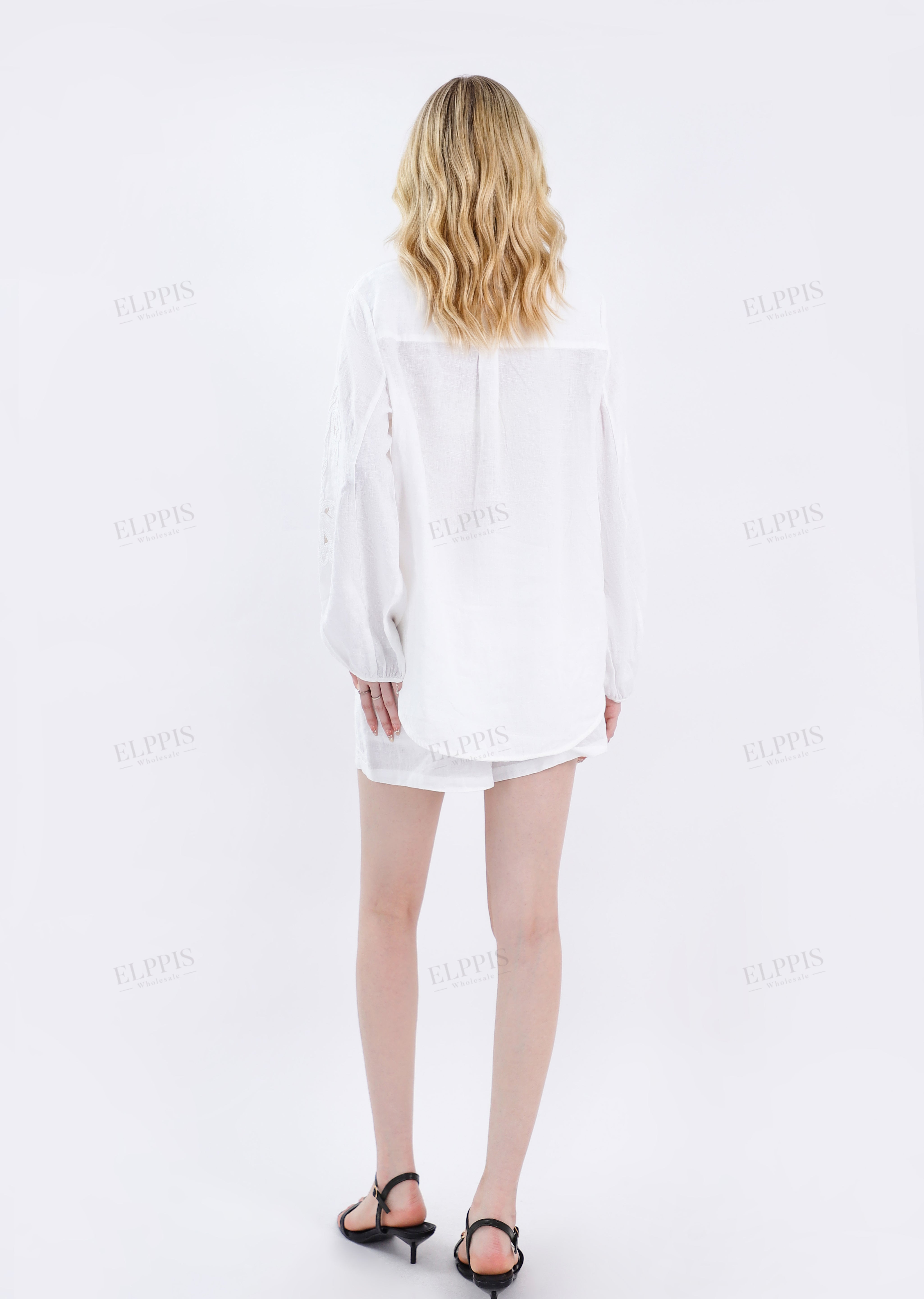 White Linen Long-Sleeve Embroidered Blouse