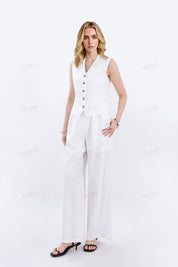 White Cotton-Linen Blend Wide-Leg Pants