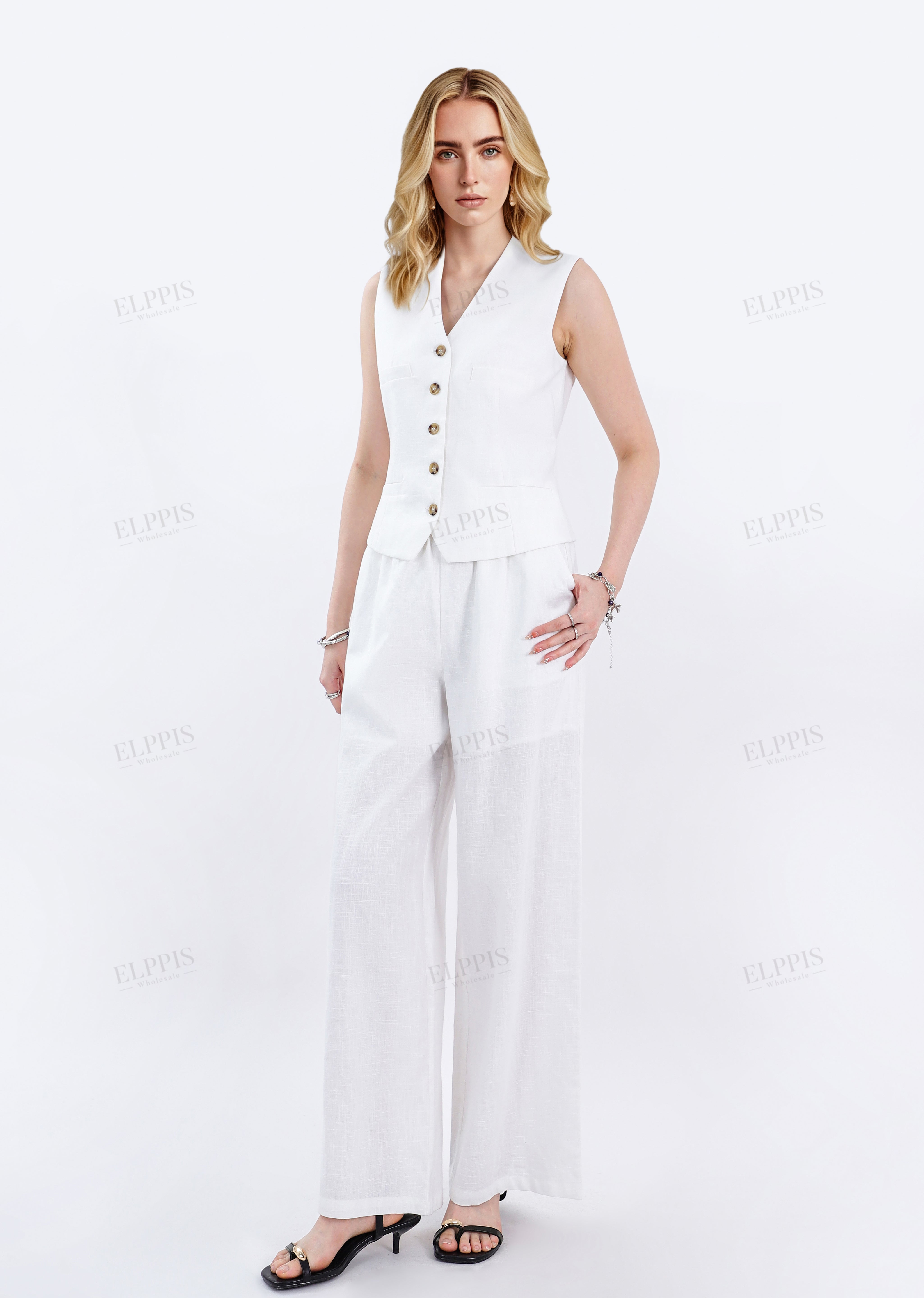 White Cotton-Linen Blend Wide-Leg Pants