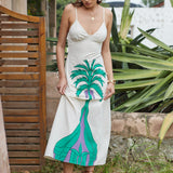 Coconut tree print A-line cotton-linen maxi camisole dress