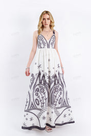 Off-White Sleeveless Maxi Dress with Black Ethnic Embroidery