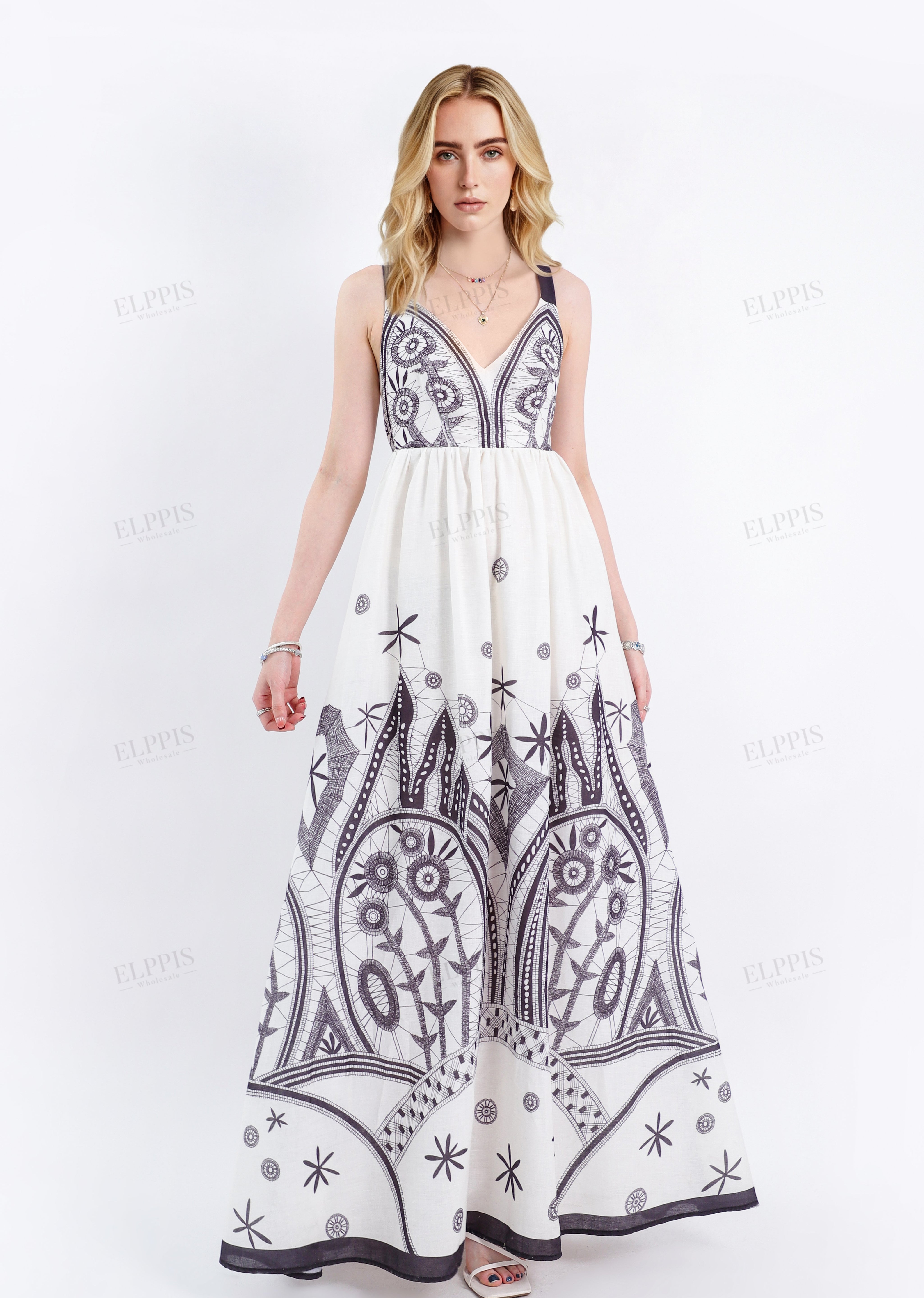 Off-White Sleeveless Maxi Dress with Black Ethnic Embroidery