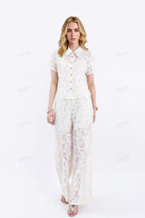 Cream Lace Short-Sleeve Collared Blouse