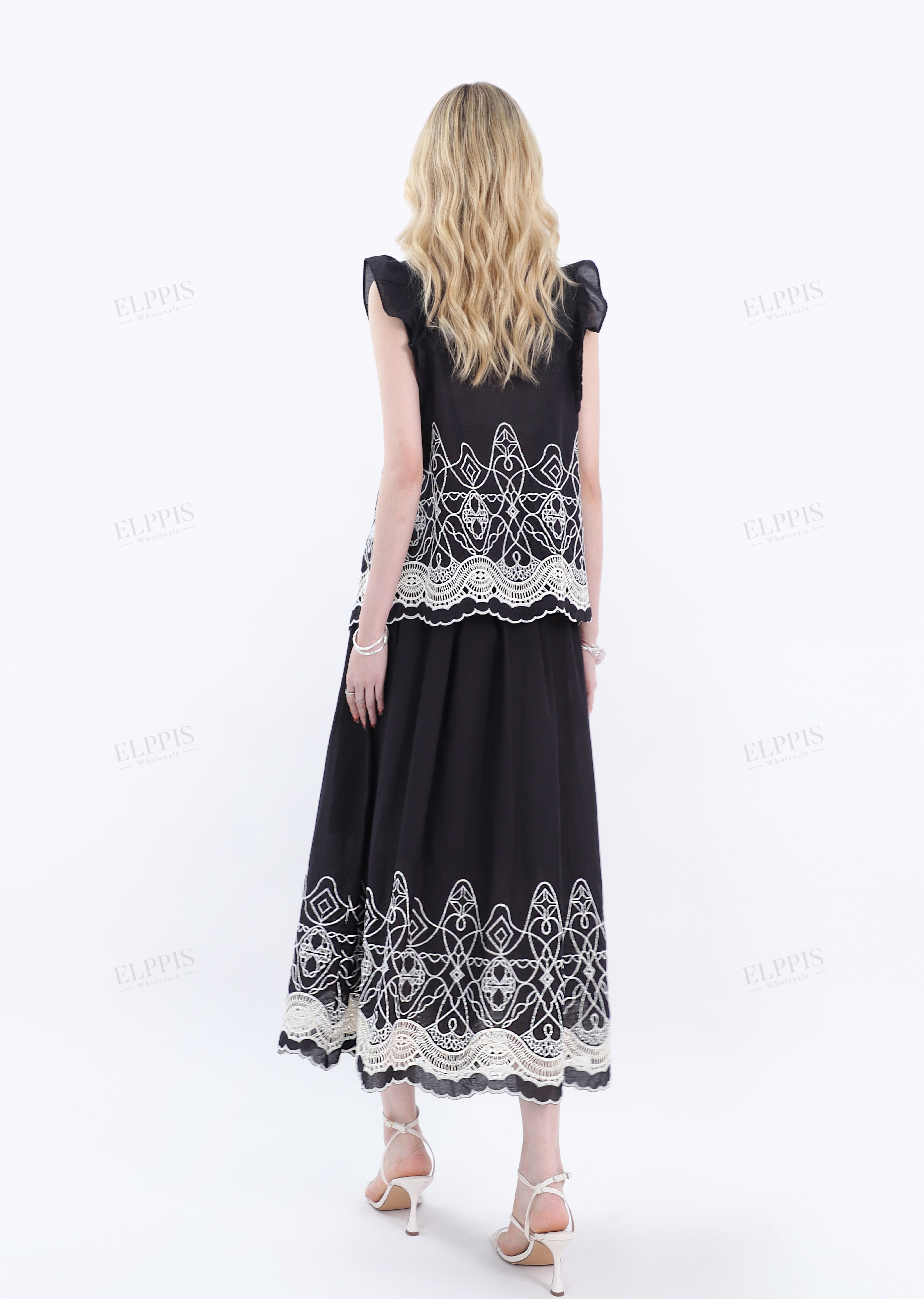 Black Sleeveless Blouse with White Lace & Ruffle Detail