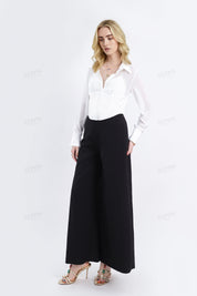 White Satin-Blend Bustier Blouse with Sheer Long Sleeves