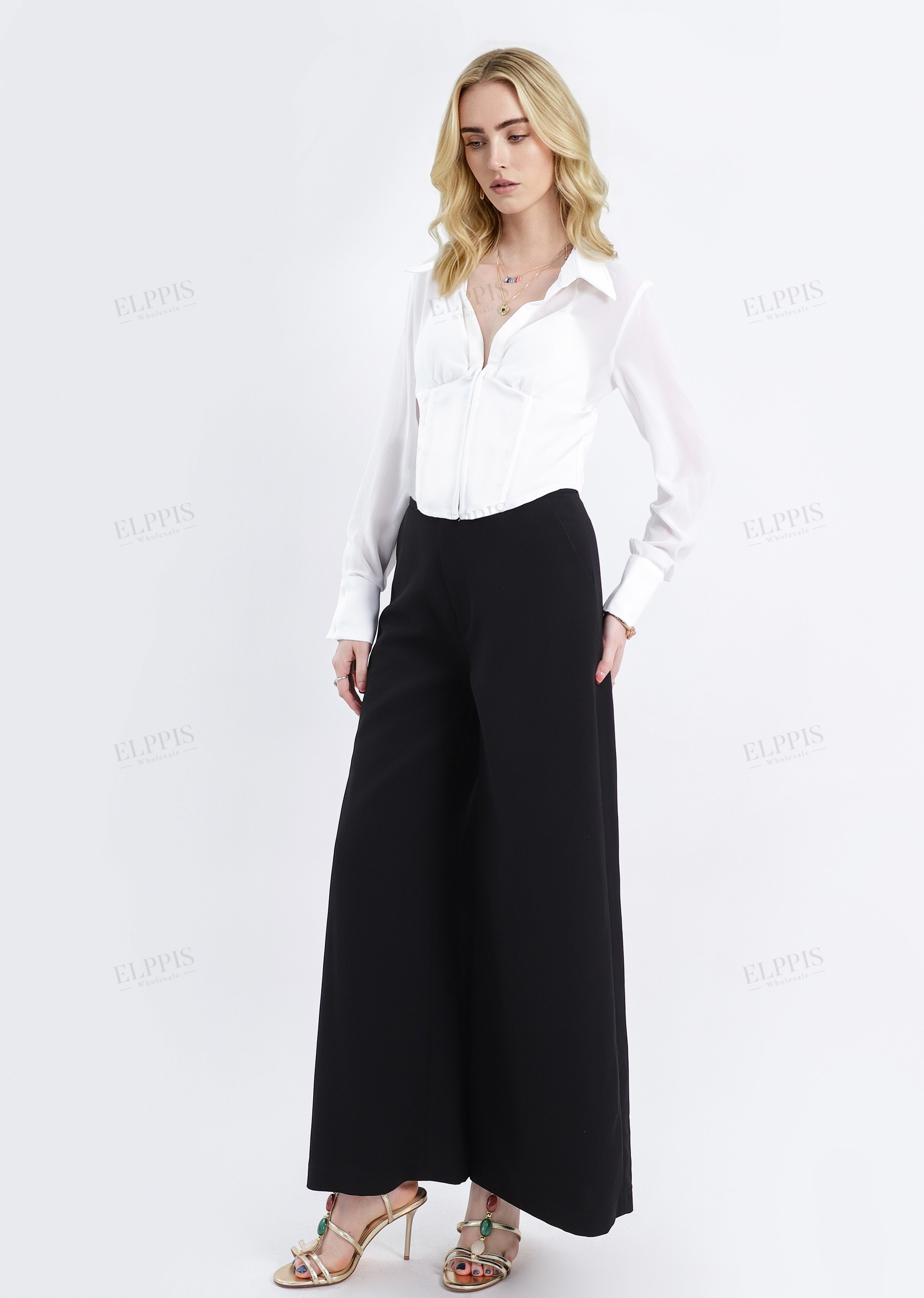 White Satin-Blend Bustier Blouse with Sheer Long Sleeves