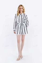 Black Wave Embroidery Lightweight Collared Long Sleeves Blouse