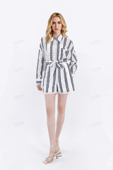 Black Wave Embroidery Lightweight Collared Long Sleeves Blouse