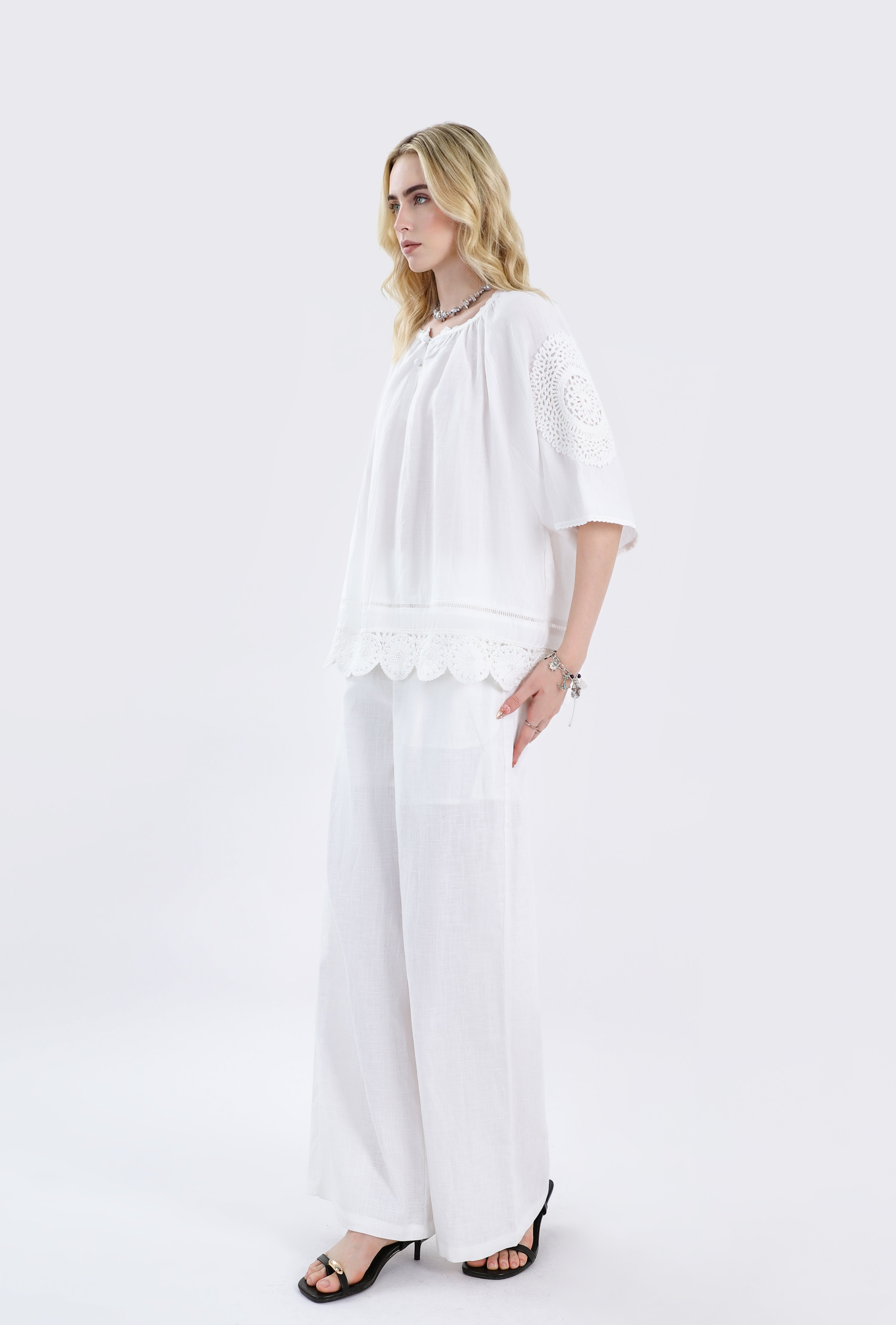 White Blouse with Crochet Lace Accents & Bell Sleeves