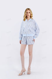 Light Blue Beaded Lace Bomber Jacket