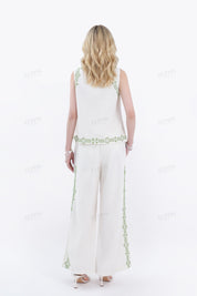 Beige Cotton-Linen Blend Embroidered Sleeveless Top