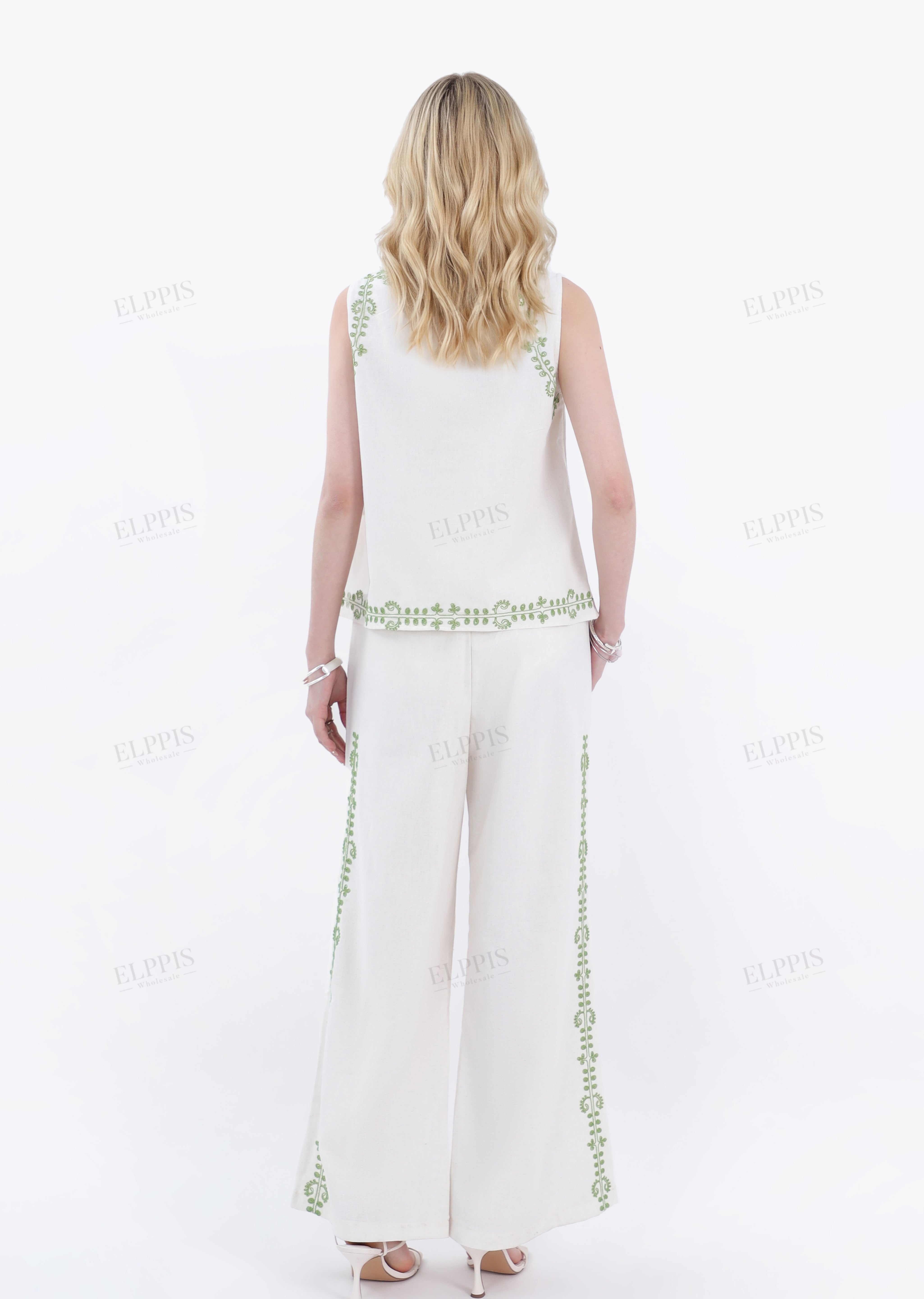 Beige Cotton-Linen Blend Embroidered Sleeveless Top