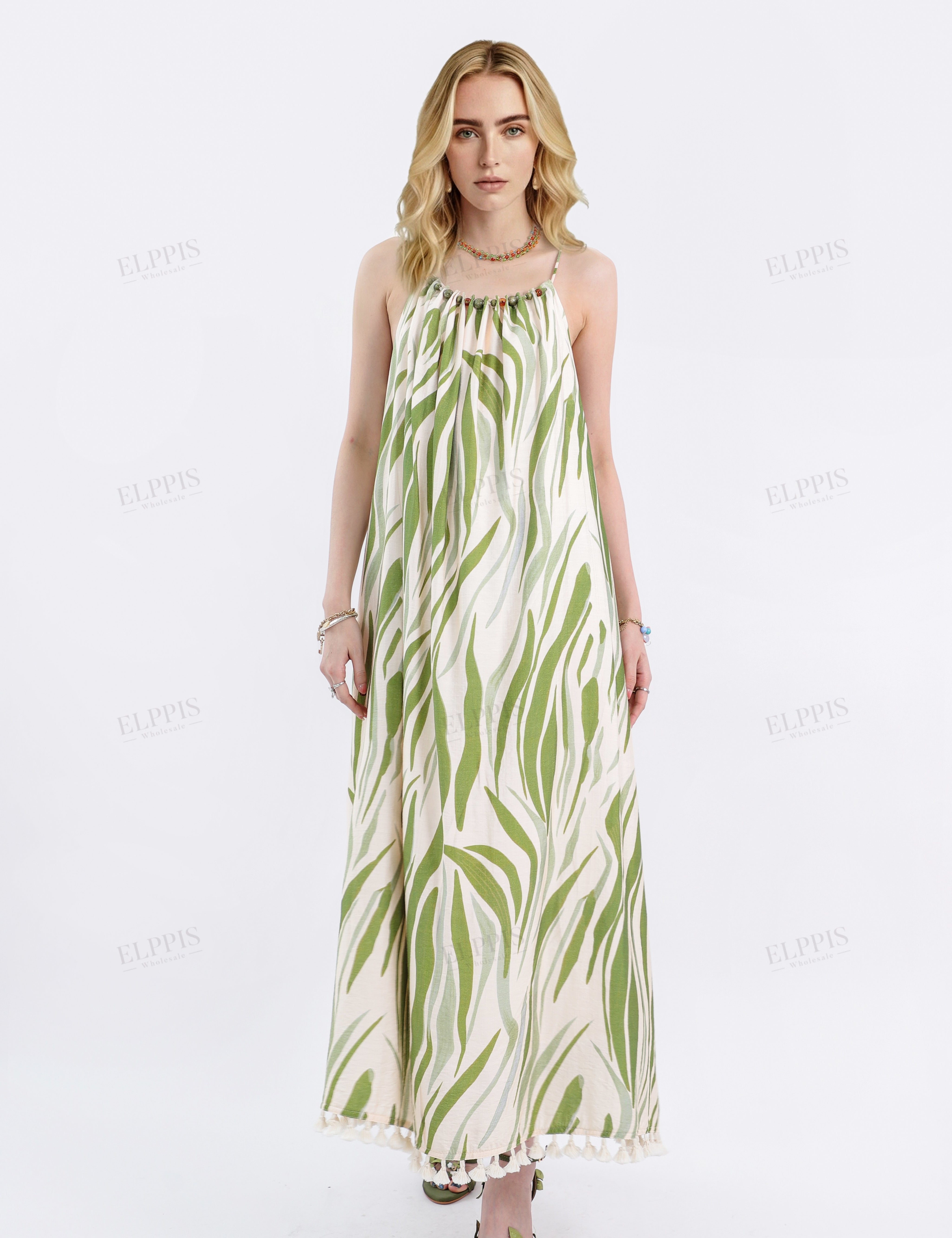 Green Leaf Print Halter Maxi Dress with Pom-Pom Hem