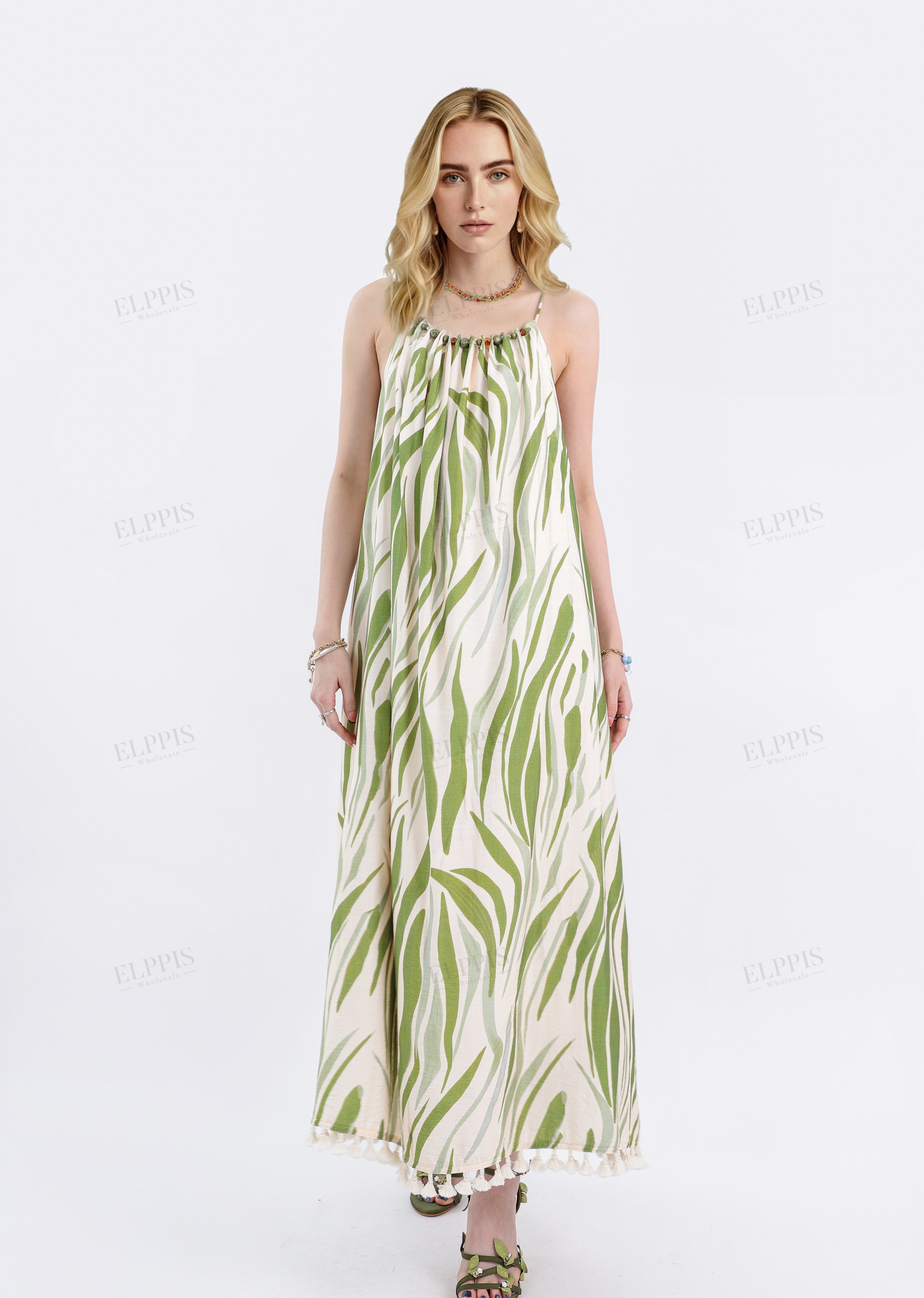 Green Leaf Print Halter Maxi Dress with Pom-Pom Hem