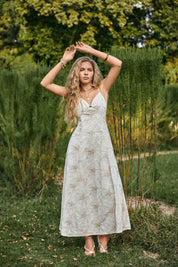 Ivory Spaghetti Strap Maxi Dress with Gold Floral Embroidery