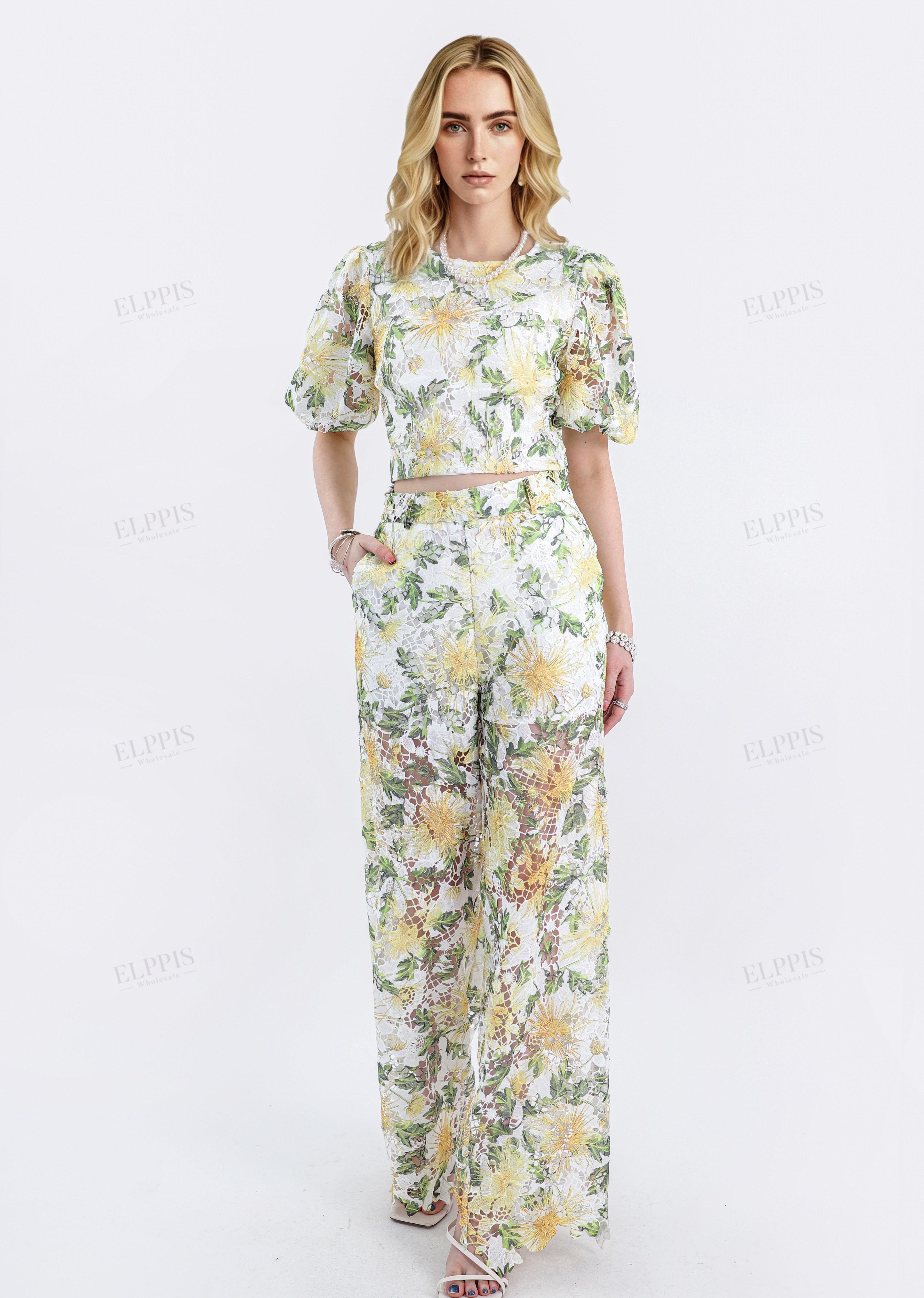 White & Yellow Floral Lace Puff-Sleeve Cropped Top