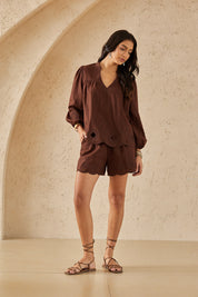 Cocoa Brown Long-Sleeve Blouse with Cutwork Embroidery