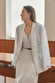 White Linen-Blend Embroidered long sleeve  Blazer (Floral Lace Detail)