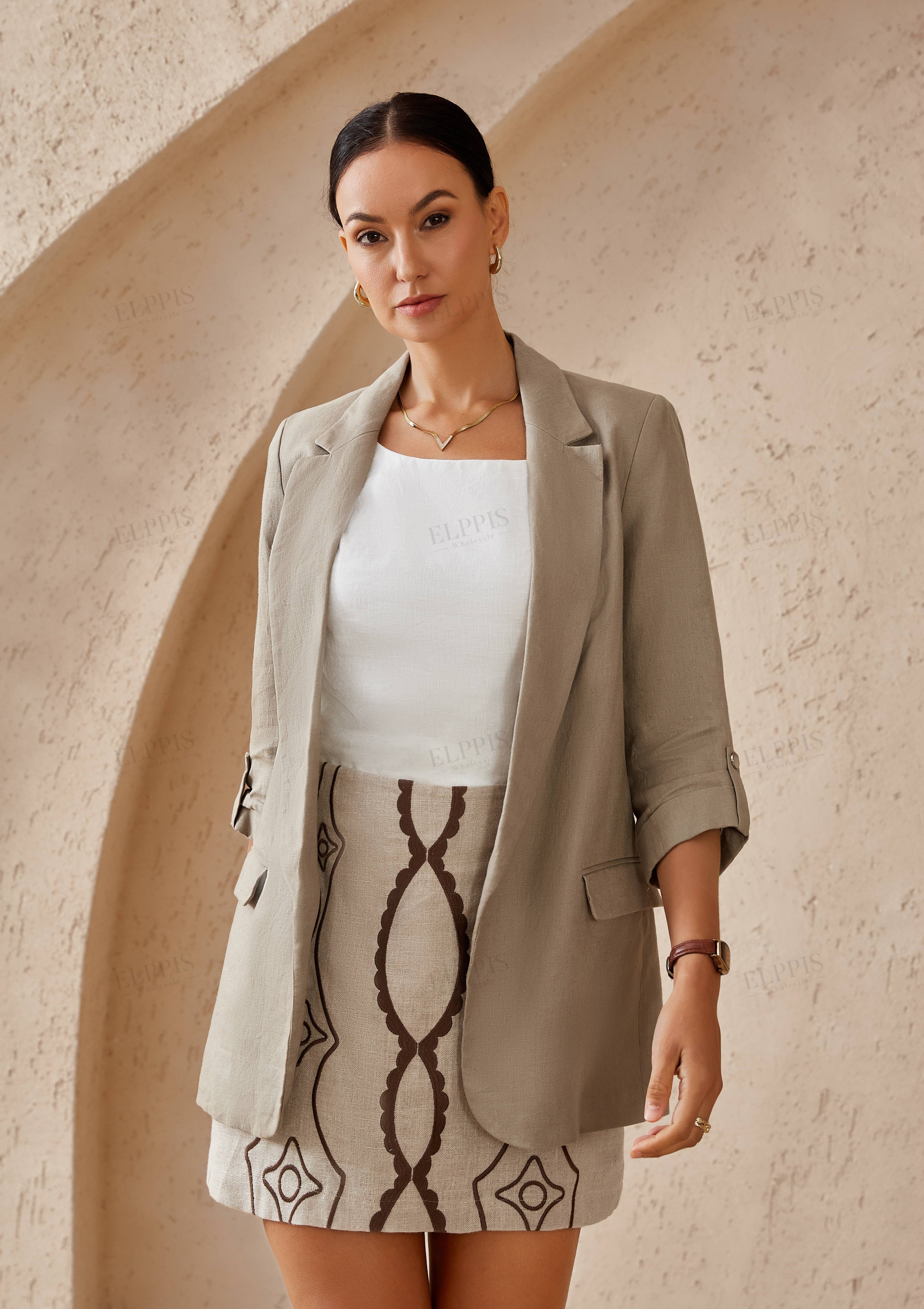 Beige Linen 3/4 Roll-Sleeve Blazer