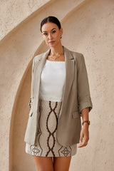 Beige Linen 3/4 Roll-Sleeve Blazer
