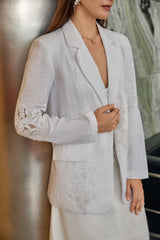 White Linen-Blend Embroidered long sleeve  Blazer (Floral Lace Detail)