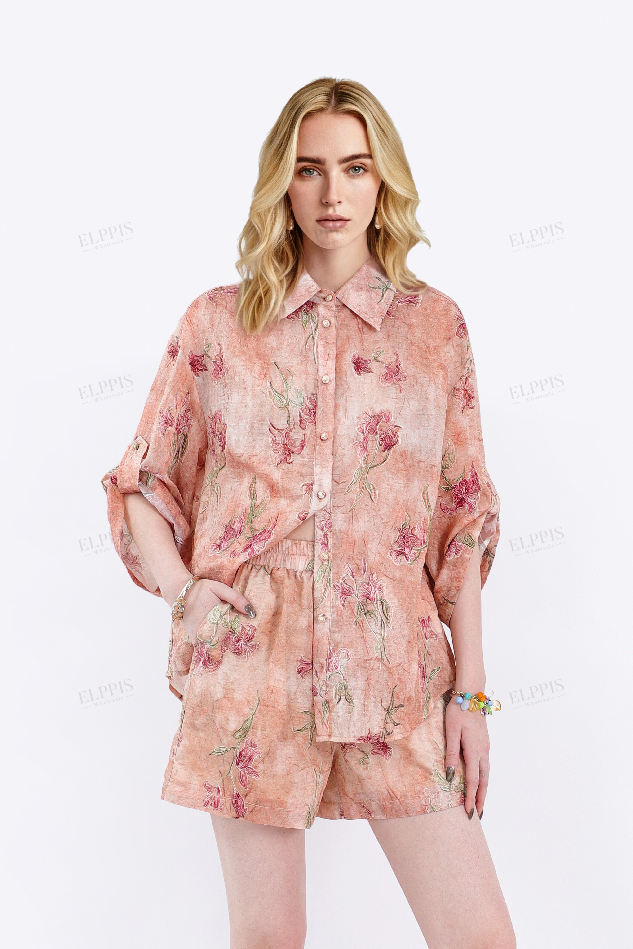 Collared Roll-Sleeve Tencel-Cotton Floral Blouse