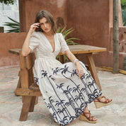 Hand-beaded faux linen printed X-line short sleeve midi dress