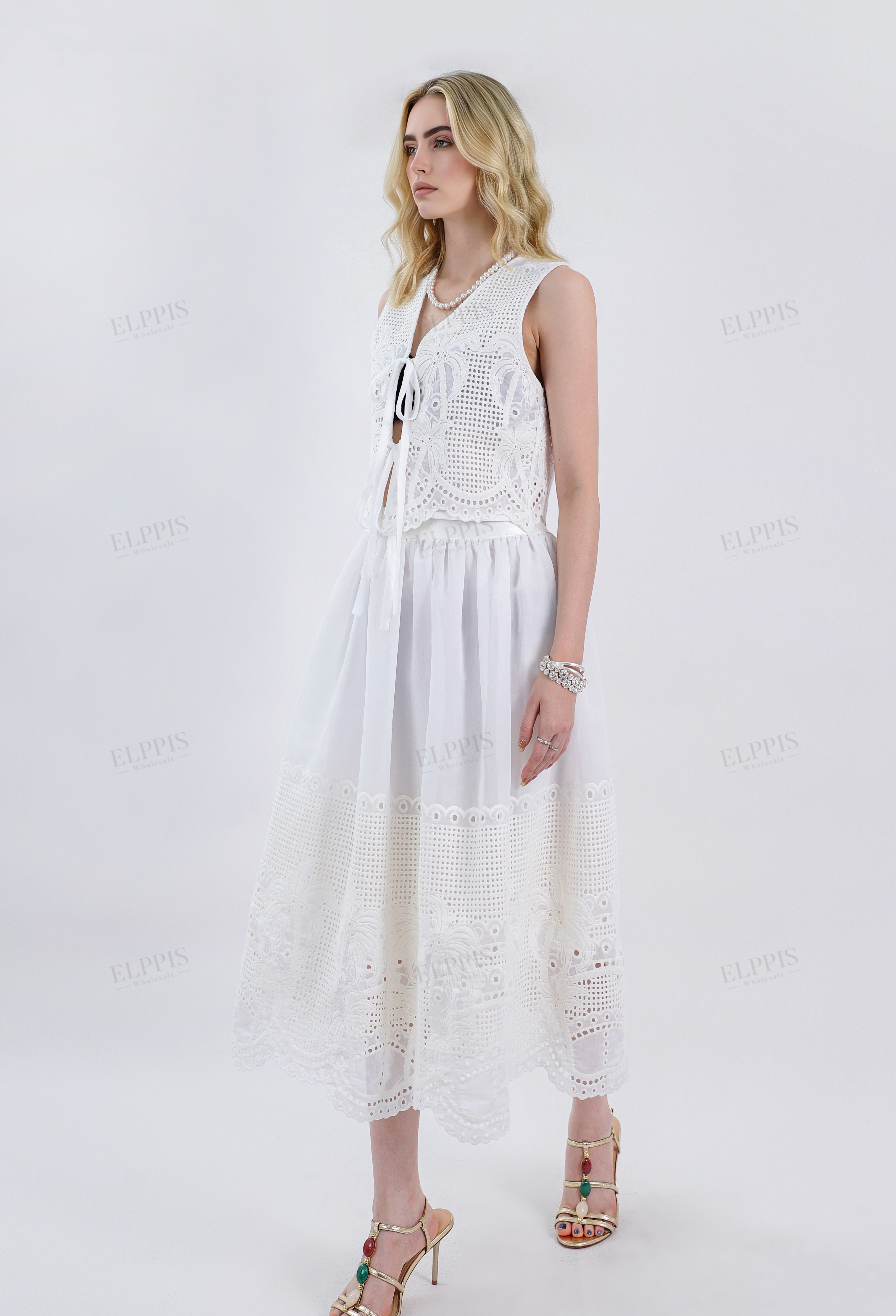 White Cropped Sleeveless Vest with Cutwork Lace & Tie Detail