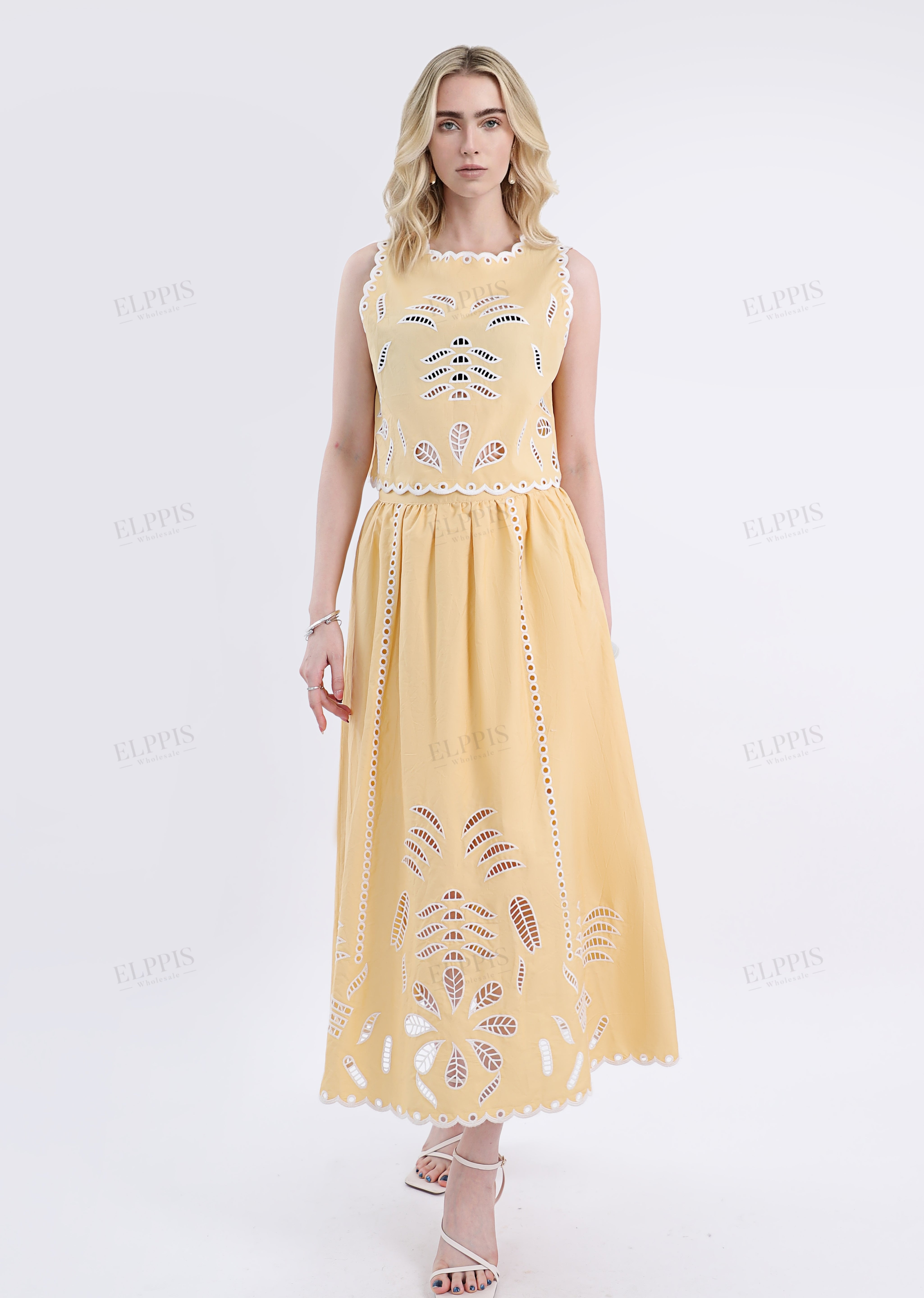 Yellow Maxi Skirt with Leaf Cutouts & Ruffled Trim