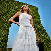 Chiffon base with 3D tassel embellishment straight midi skirt