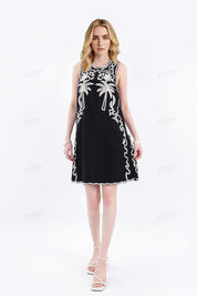 Black Sleeveless Shift Dress with Cream Palm Tree Embroidery