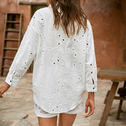 Cut-out cotton embroidered H-line long sleeve shirt