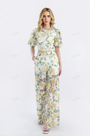 White & Yellow Floral Lace Wide-Leg Pants