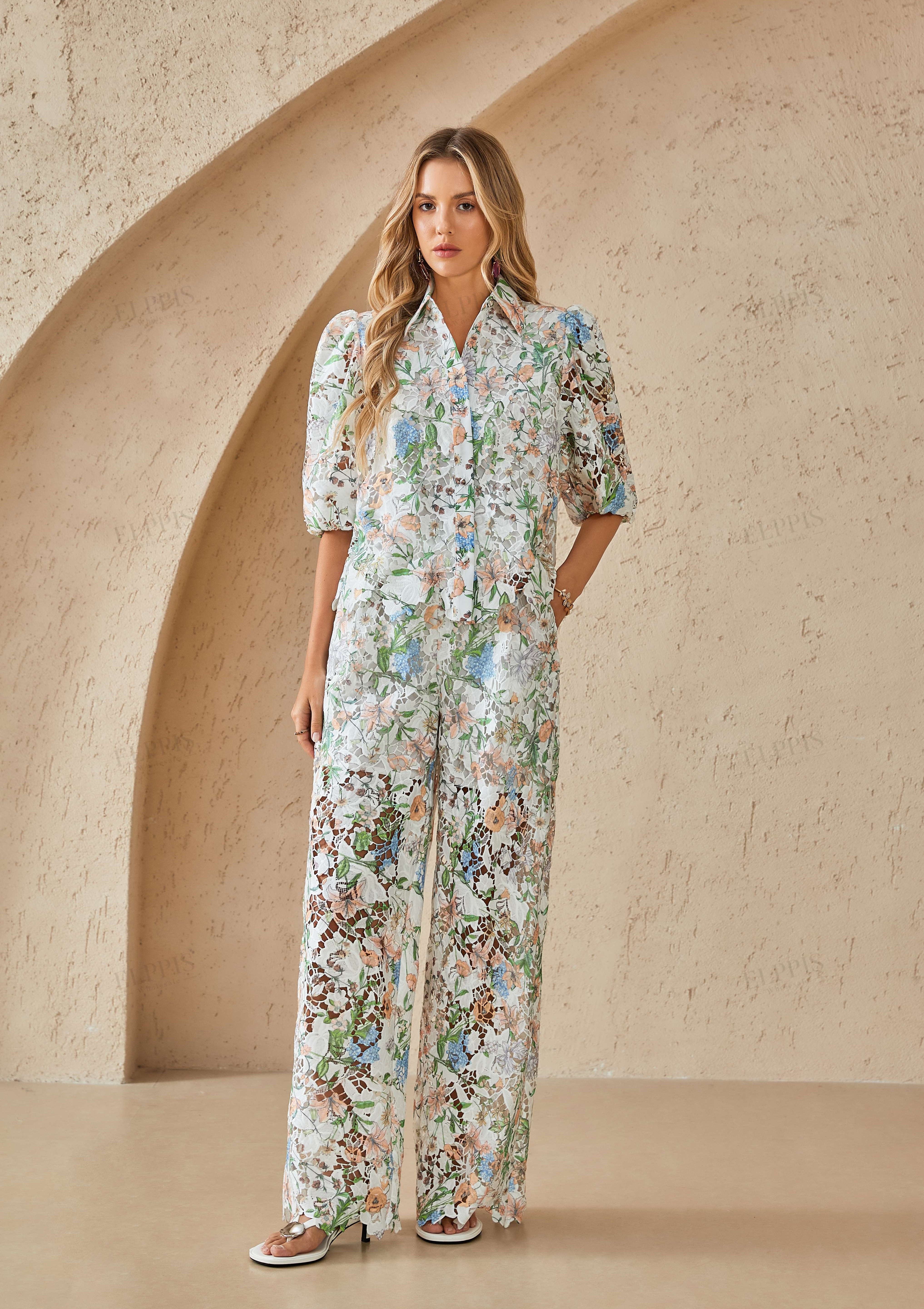 Floral Lace Puff Sleeve Button-Up Shirt
