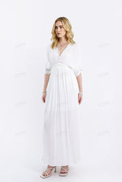 White Deep V-Neck Maxi Dress with Pearl Trim & Short Batwing Sleeves