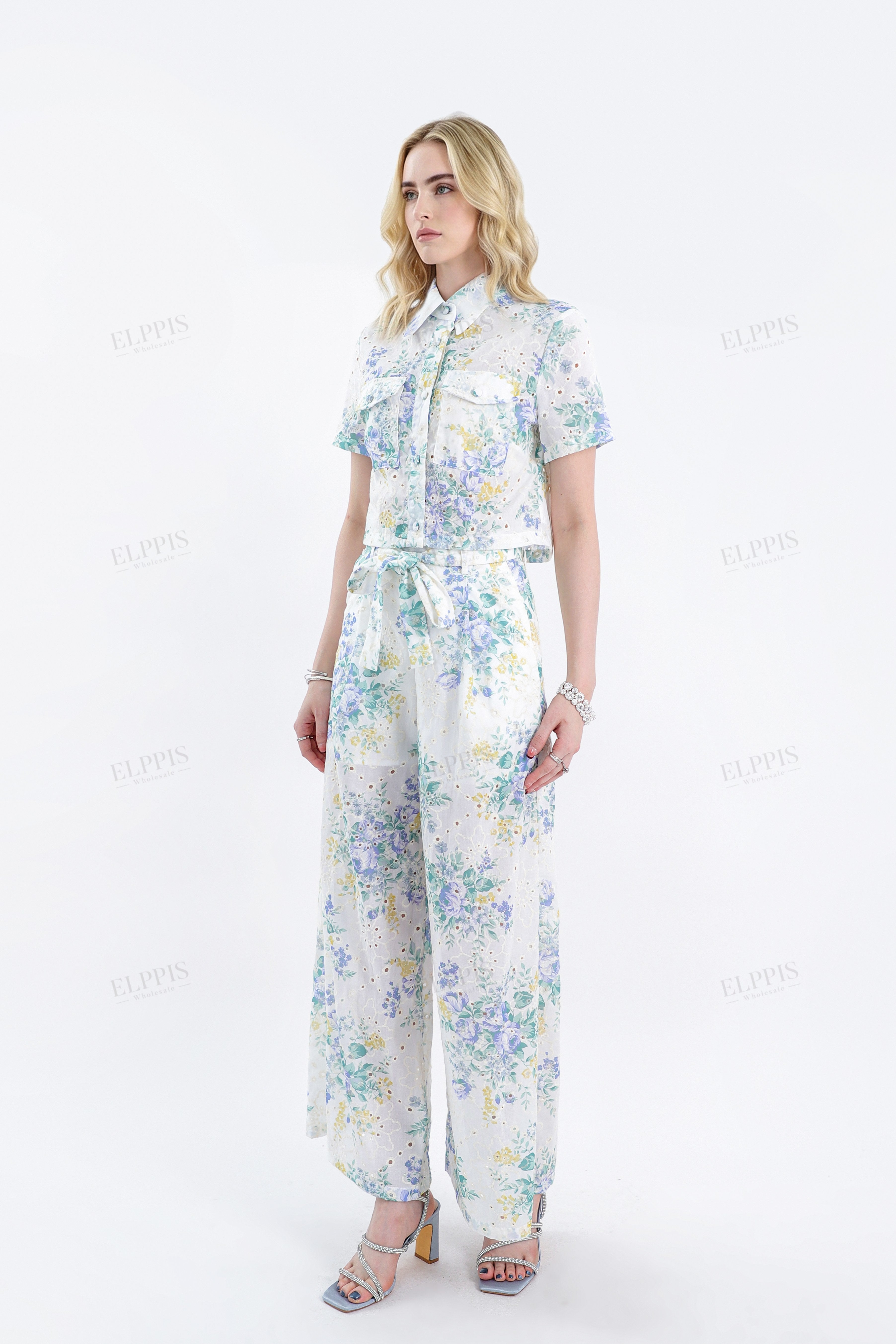 White & Floral (Blue/Yellow) Eyelet Short-Sleeve Cropped Blouse