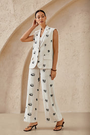 Beige Pinstripe Floral Embroidered Sleeveless Blazer Vest
