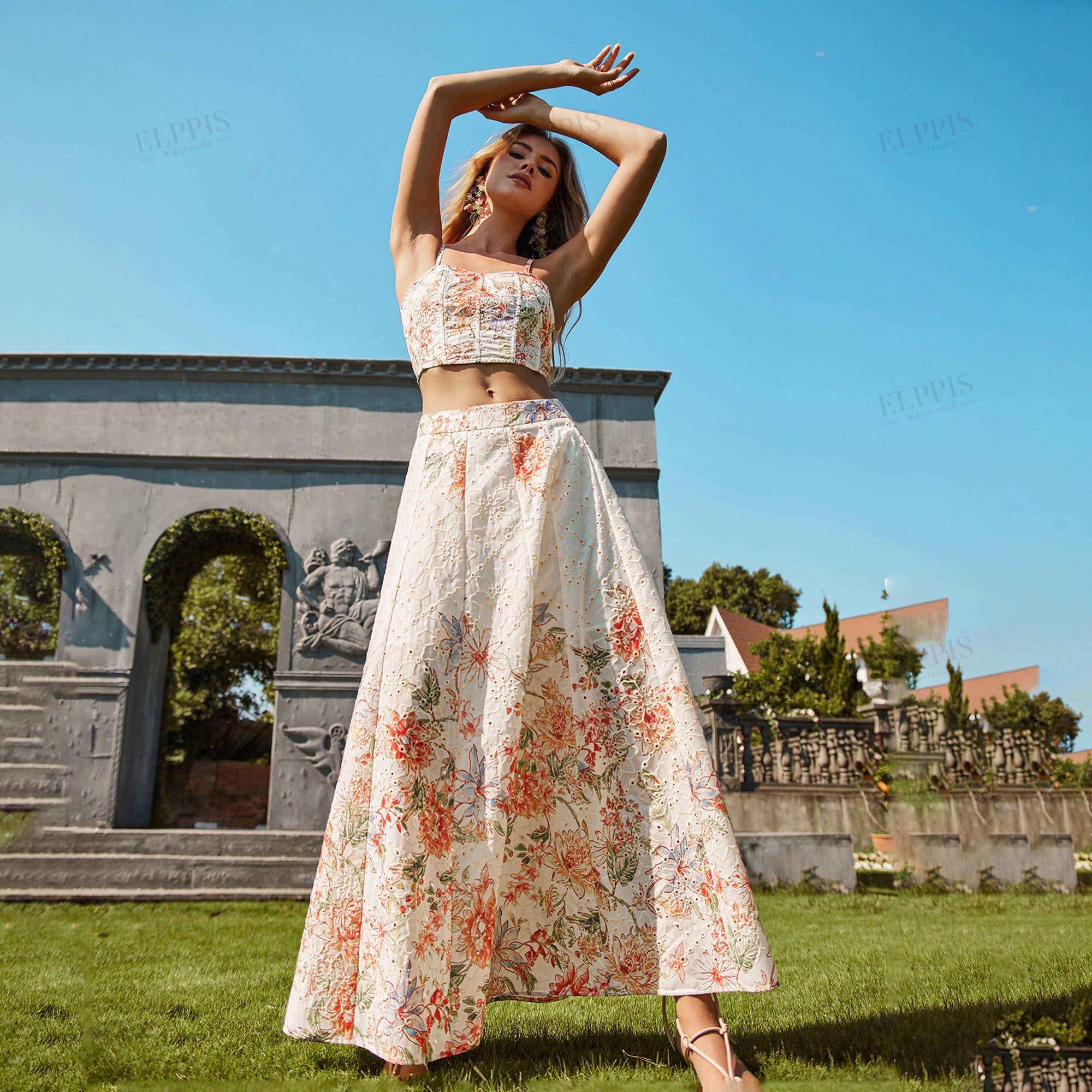 Lace hollow-out embroidered printed skirt