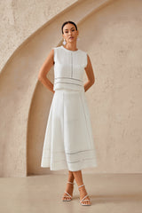 White Linen Sleeveless Top with Eyelet Lace Detailing