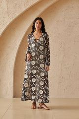 Black Mesh Maxi Dress with White Floral Embroidery & Beaded V-Neck
