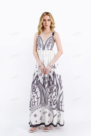Off-White Sleeveless Maxi Dress with Black Ethnic Embroidery