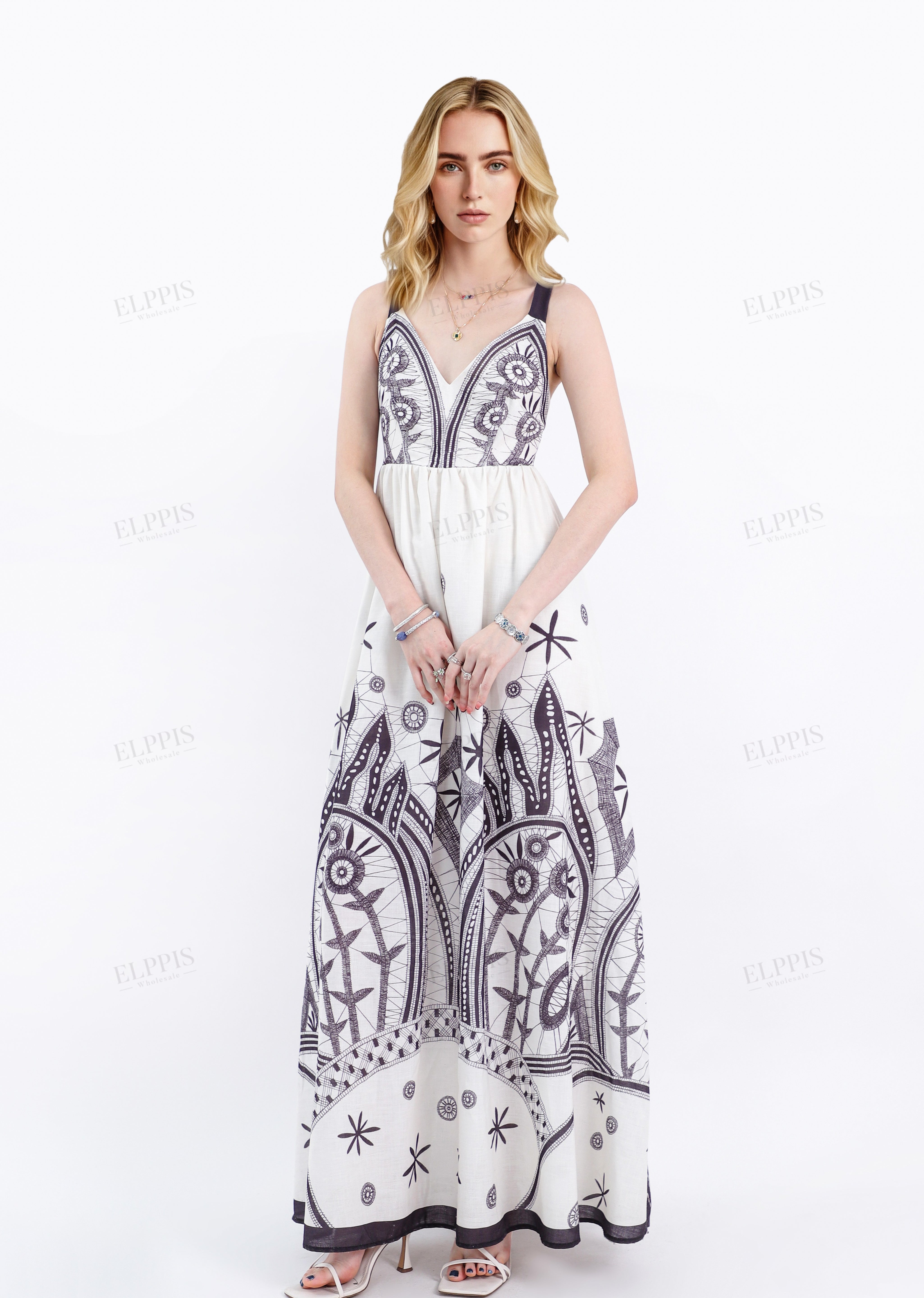 Off-White Sleeveless Maxi Dress with Black Ethnic Embroidery