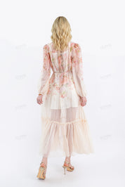 Pastel Floral Print Sheer Maxi Dress with Tie Neck